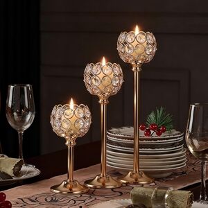✨ Gold Crystal Tealight Candle Holders – Set of 3 ✨